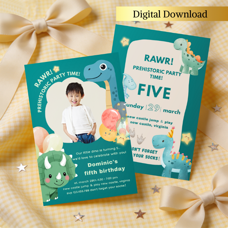 Prehistoric dinosaur birthday card for kid boy invitation template, perfect for a themed childrens birthday party.