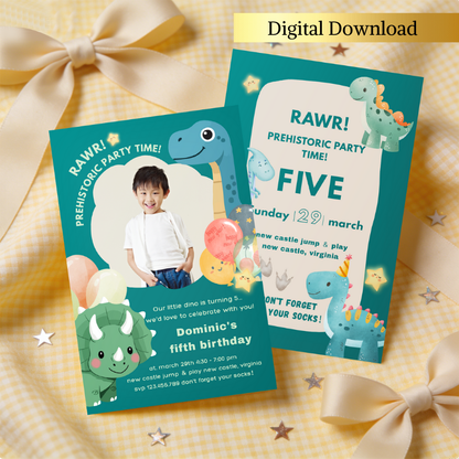 Prehistoric dinosaur birthday card for kid boy invitation template, perfect for a themed childrens birthday party.