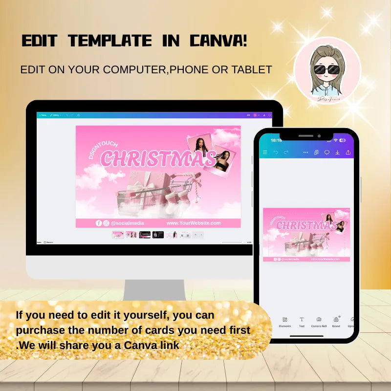 Christmas Glossy Business Cards editable template shown on computer and phone in Canva for salons.