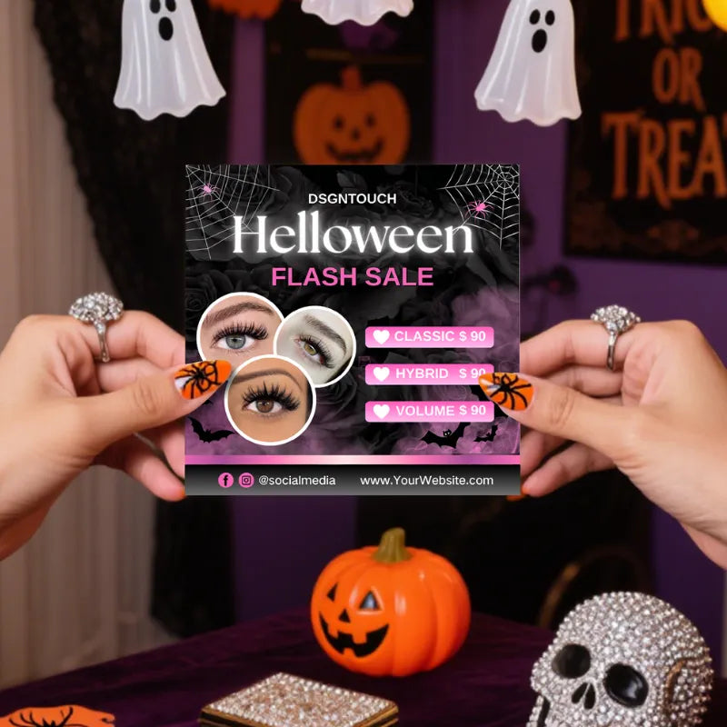 Halloween cards for lash studios featuring a flash sale design with eyelash extension promotions.