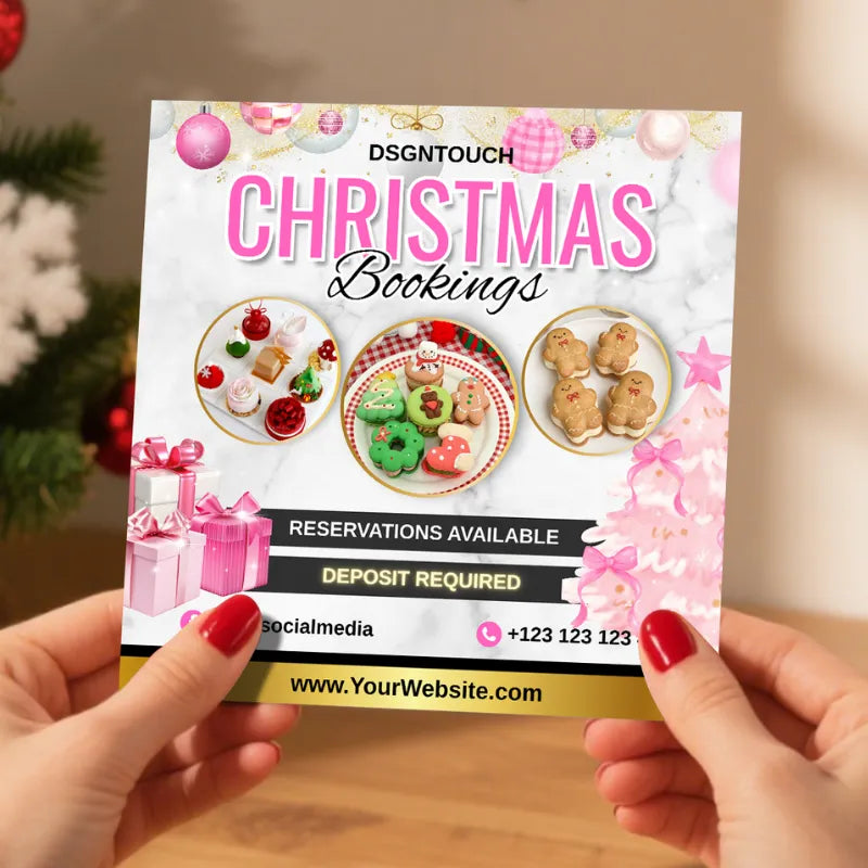 Light reflecting off the glossy surface of DSGNTOUCH's square bakery cards, showing vibrant Christmas colors and professional finish.