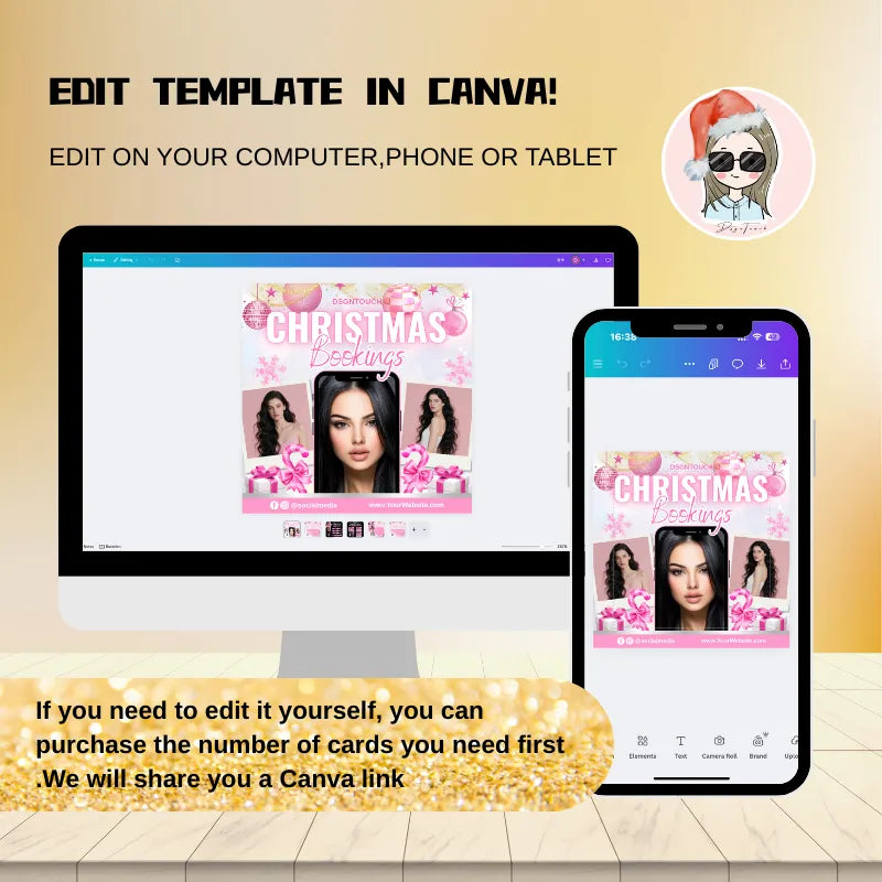 Christmas Business Cards template shown on computer and phone screens for easy editing in Canva.