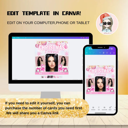 Christmas Business Cards template shown on computer and phone screens for easy editing in Canva.