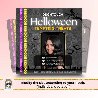 Halloween hair salon promo cards showcasing stylish design with contact details and spooky theme.