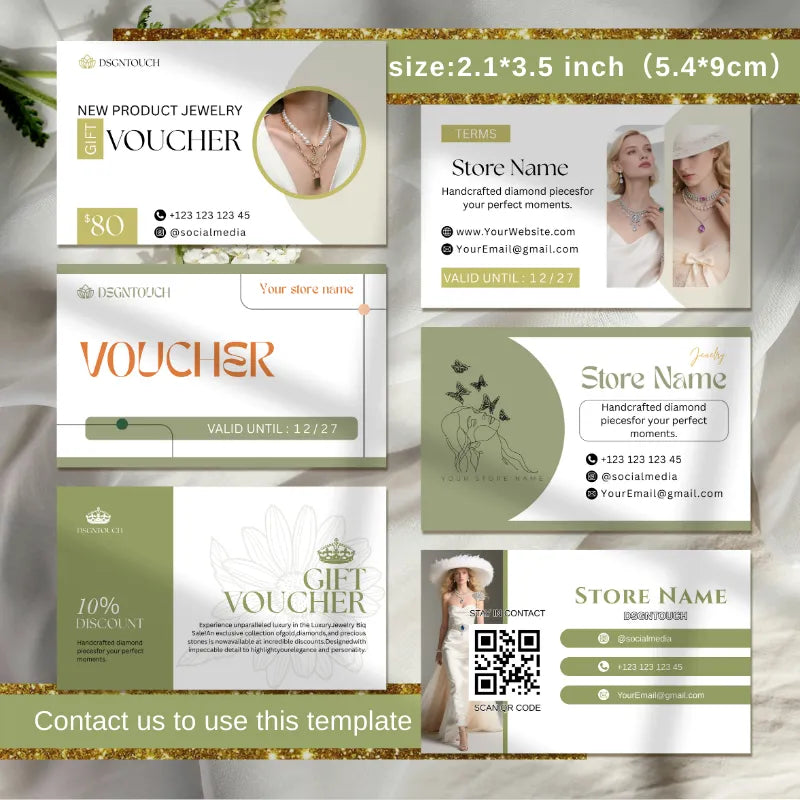 Front and back design of a premium printed jewelry business voucher card with 100% discount offer, terms, and elegant typography on matte laminated paper.