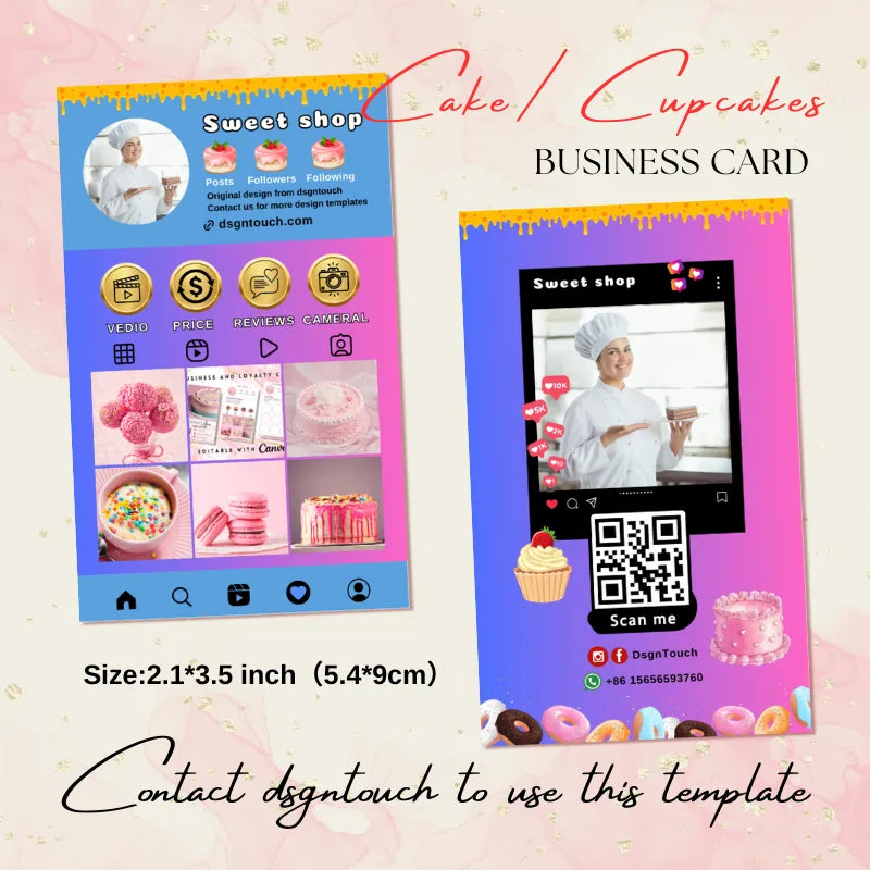 2.1x3.5 inch sweet shop template bundle: Instagram profile mockup (featuring cake/cupcake visuals) + matching business card with "Scan me" QR code, playful drip-cake accents, and contact details.