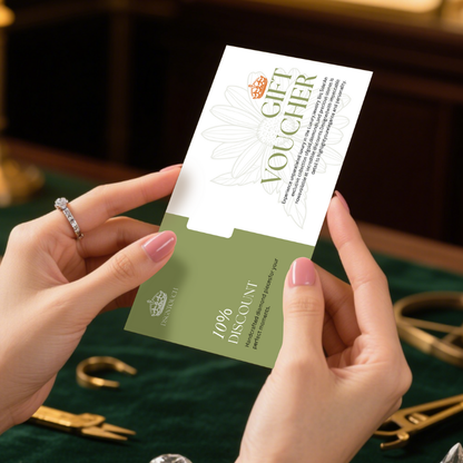A bold DSGNTOUCH gift voucher template featuring a 100% discount for handcrafted diamond jewelry