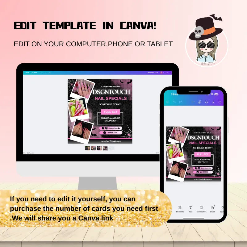 Halloween event flyer editable template in Canva for nail salon promotions.