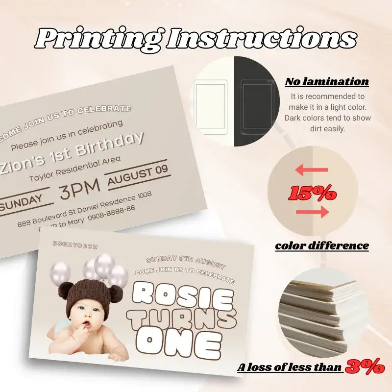 Custom Printed 1st Birthday Cards with Beige Design and Printing Instructions for Perfect Details