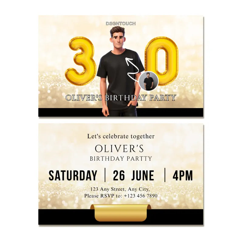 30th birthday invitation for men featuring gold balloons and a birthday message for Oliver's party.