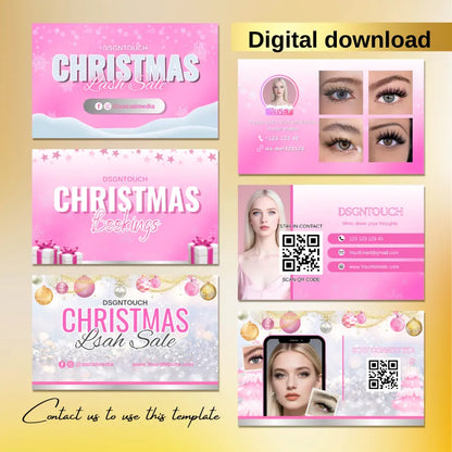 Editable Christmas business cards for lash studios featuring blush pink and silver design elements.