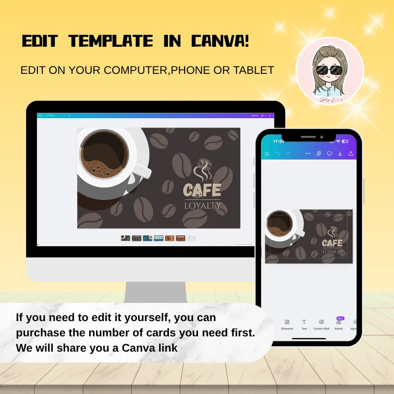 Editable coffee loyalty card template for Canva: Customize cafe reward cards on computer/phone/tablet