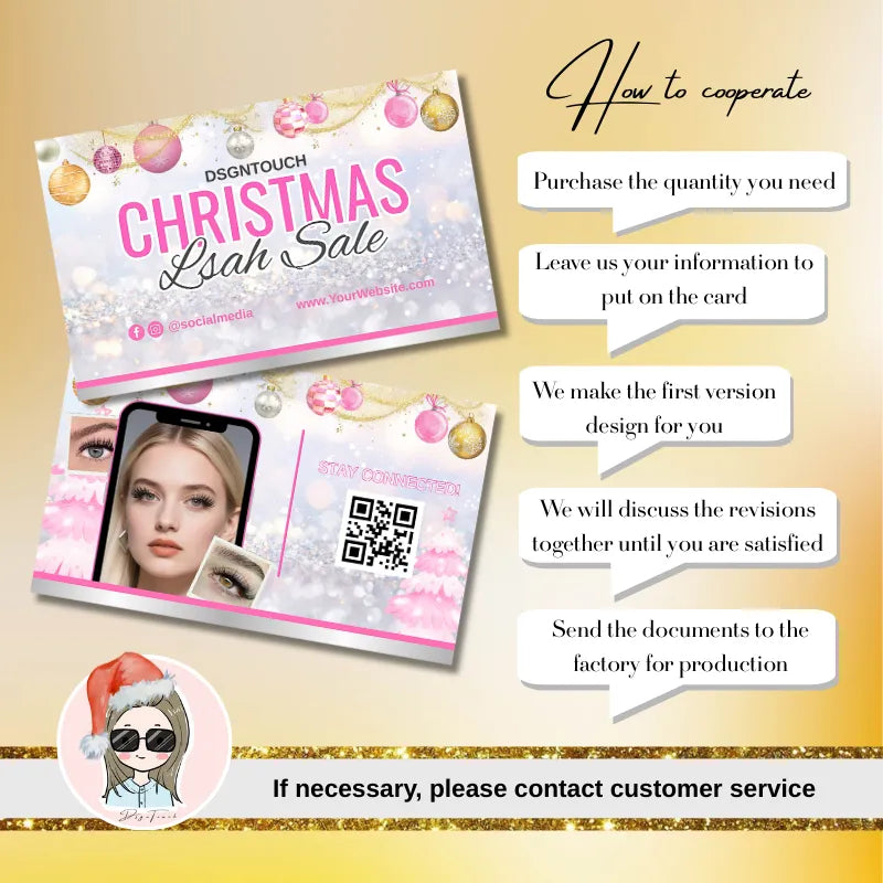 Blush silver Christmas business cards design featuring festive decorations and instructions for lash techs.