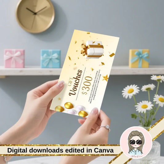 DSGNTOUCH's customizable gift card template product feature, highlighting the $300 design and Canva compatibility.