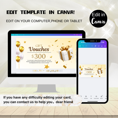 Preview of the DSGNTOUCH gift card template inside the Canva editor, showing the custom text and $300 value