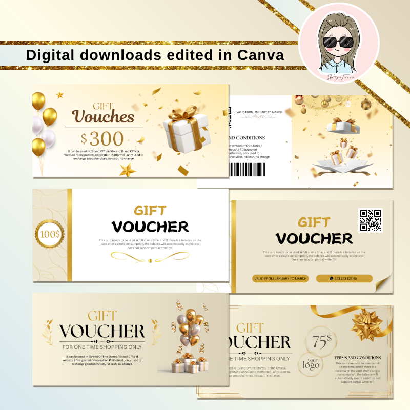 A complete set of DSGNTOUCH gift voucher and matching business card templates, showcasing multiple designs