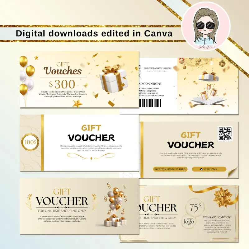 A complete set of DSGNTOUCH gift voucher and matching business card templates, showcasing multiple designs