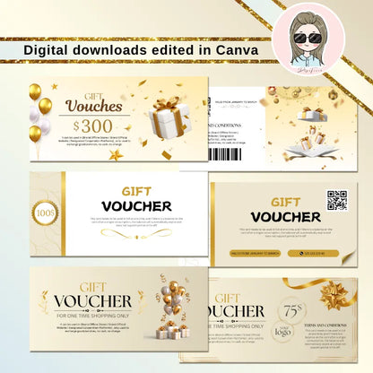 A complete set of DSGNTOUCH gift voucher and matching business card templates, showcasing multiple designs