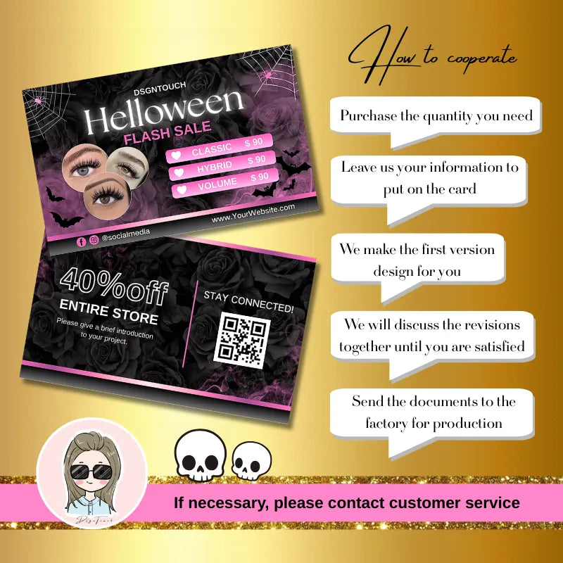 Halloween Lash Business Cards showcasing a promotional sale with detailed design and contact info.