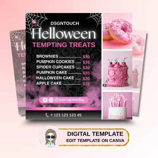 DSGNTOUCH Editable Halloween Card Template for cake shops and bakeries with customizable text and QR code