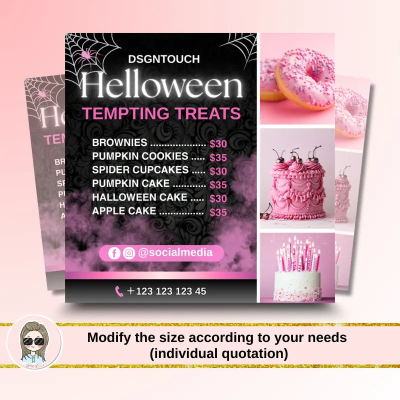 Halloween bakery cards featuring tempting treats like brownies, cookies, and cakes with pricing details and contact information.