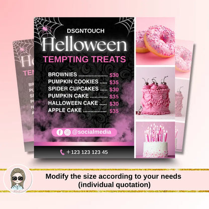 Halloween bakery cards featuring tempting treats like brownies, cookies, and cakes with pricing details and contact information.