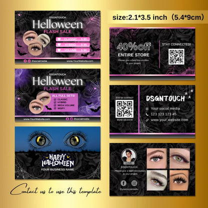 Halloween Lash Business Cards showcasing a flash sale with elegant designs and promotional details.