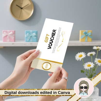 A clean and minimalist $100 gift voucher template by DSGNTOUCH, editable online in Canva