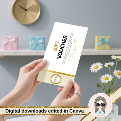 A clean and minimalist $100 gift voucher template by DSGNTOUCH, editable online in Canva
