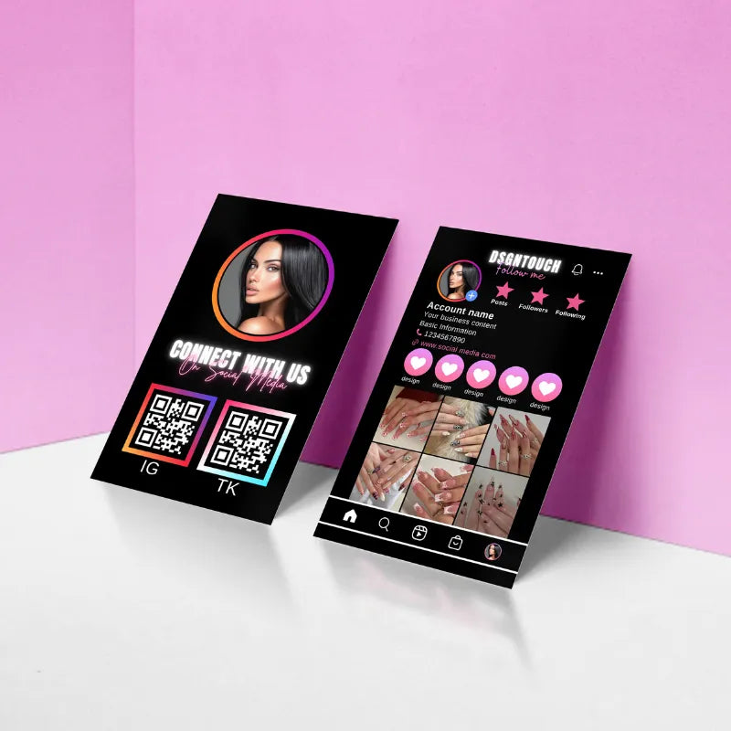 Black Pink Card featuring networking details and social media profiles for influencers and creatives.