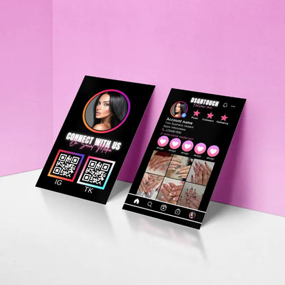 Black Pink Card featuring networking details and social media profiles for influencers and creatives.