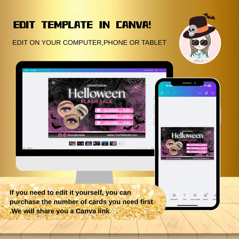 Halloween Lash Business Cards editable template in Canva for professional lash studios.