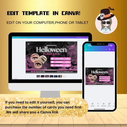 Halloween Lash Business Cards editable template in Canva for professional lash studios.
