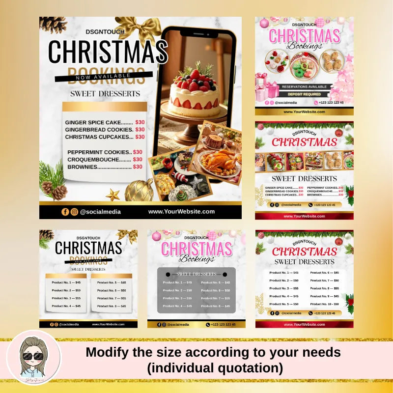 Premium square Christmas menu cards for bakeries by DSGNTOUCH, featuring glossy finish and festive red/green design with dessert pricing.