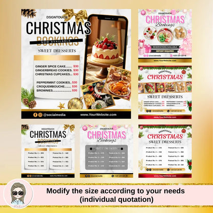Premium square Christmas menu cards for bakeries by DSGNTOUCH, featuring glossy finish and festive red/green design with dessert pricing.