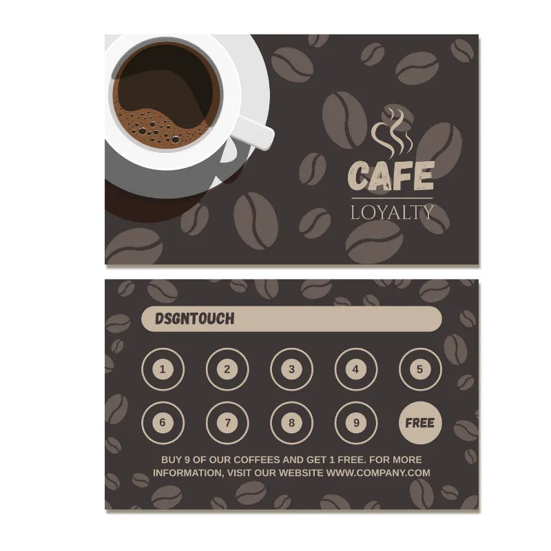 Dark coffee loyalty card template: Cafe reward card with coffee bean background and 'Buy 9 get 1 free' stamp design