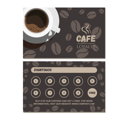 Dark coffee loyalty card template: Cafe reward card with coffee bean background and 'Buy 9 get 1 free' stamp design