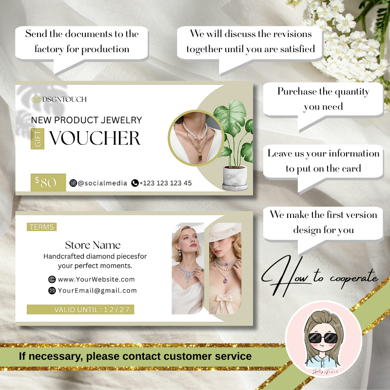 Physically printed DSGNTOUCH jewelry voucher on premium 300gsm card stock showing thickness