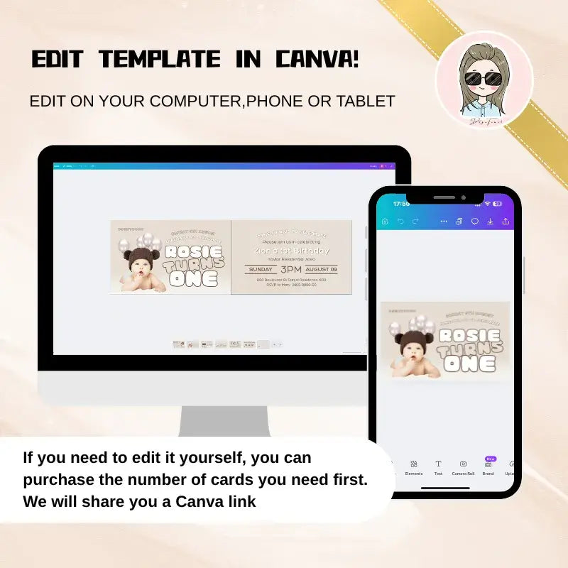 Custom Printed 1st Birthday Card template showcased on computer and phone for easy editing in Canva.