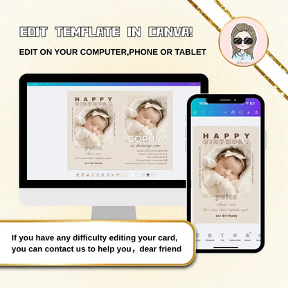 Edit 1st birthday invitation template online in Canva on any device, baby turning one party design.