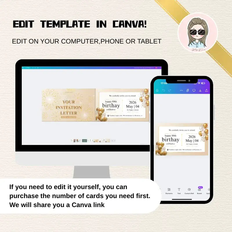 80th birthday invitations template displayed on computer and tablet for easy editing in Canva.