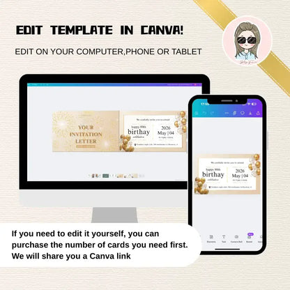 80th birthday invitations template displayed on computer and tablet for easy editing in Canva.