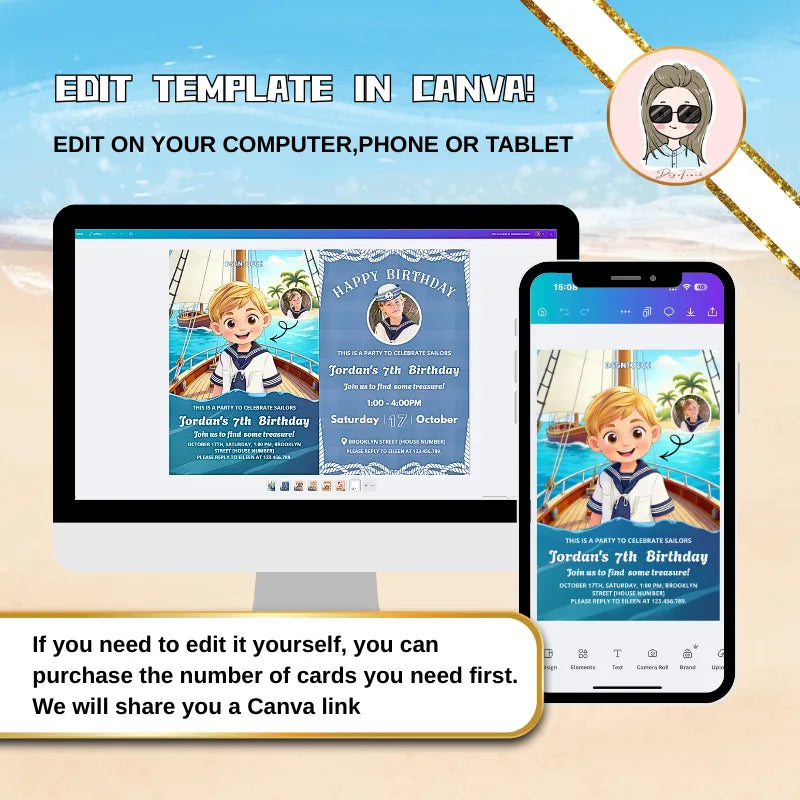 Birthday Card Kid custom nautical photo cartoon editing template shown on computer and phone screen.