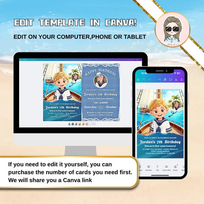 Birthday Card Kid custom nautical photo cartoon editing template shown on computer and phone screen.