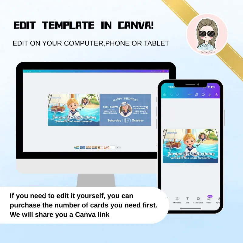 Custom Nautical Birthday Card - Printed with Photo Portrait