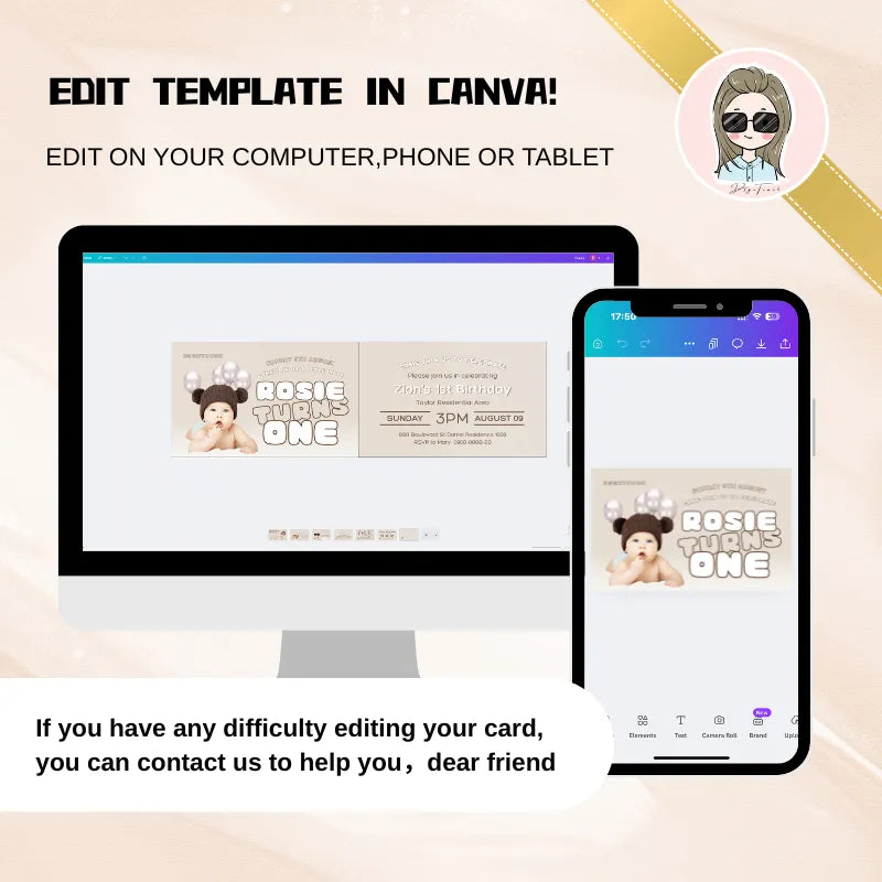 Editable baby first birthday card template for Canva, customizable on computer or phone.