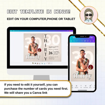 Invitation 30 custom birthday card template in Canva, editable on computer or phone for personalized celebrations.
