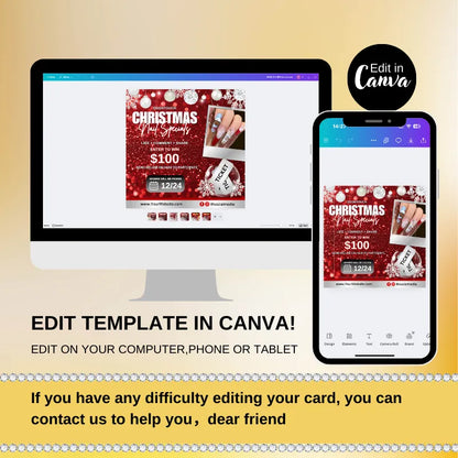 Editable Christmas square card template for nail salons displayed on computer and phone screens in Canva.