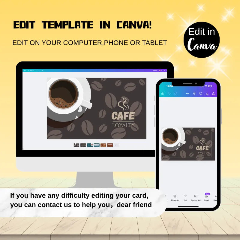 Editable coffee loyalty card template for Canva: Customize cafe reward cards on computer/phone/tablet
