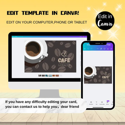 Editable coffee loyalty card template for Canva: Customize cafe reward cards on computer/phone/tablet